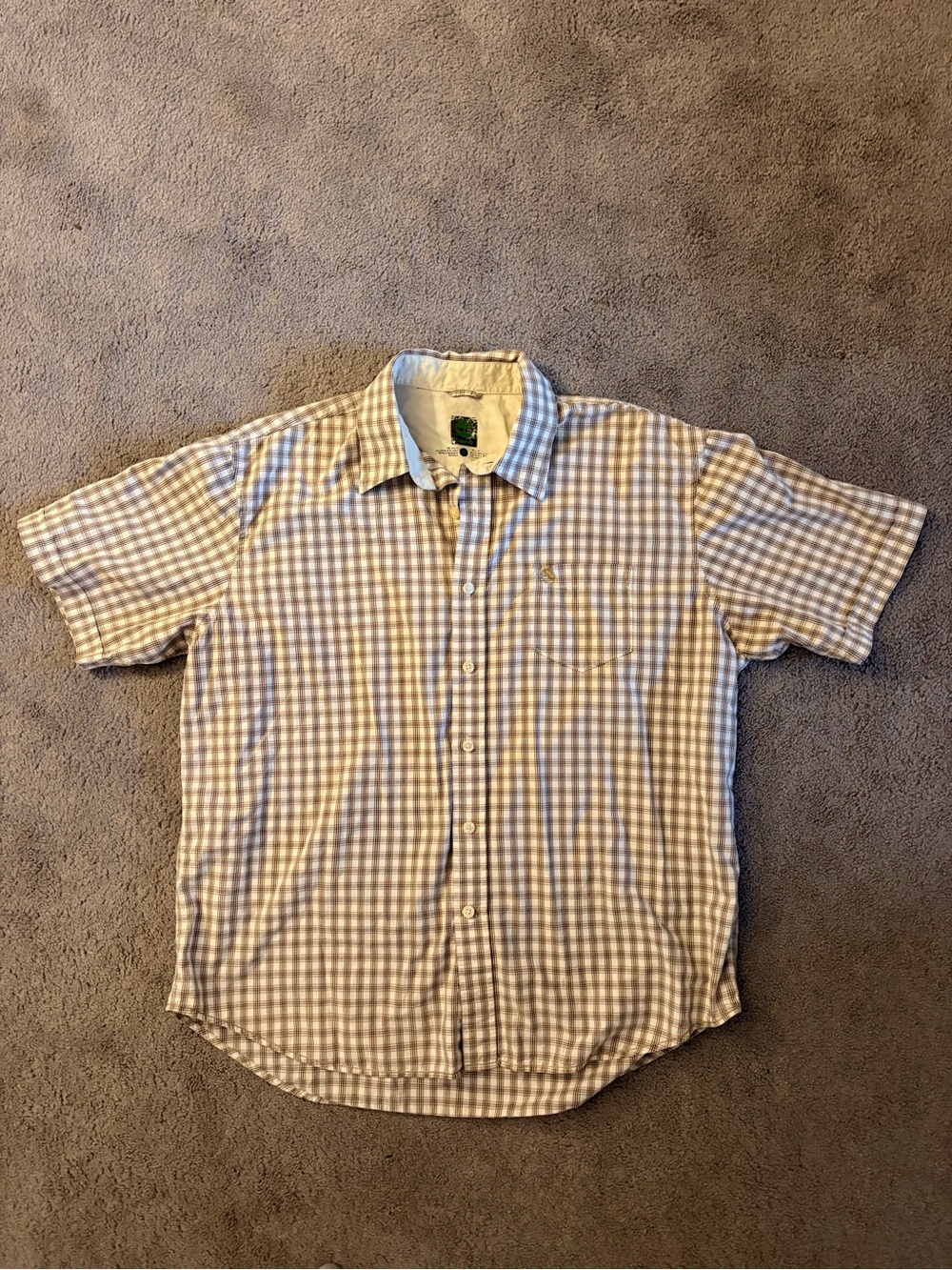 Timberland Short-Sleeve Button-Down Shirt in Beige and Light Gray Gingham
